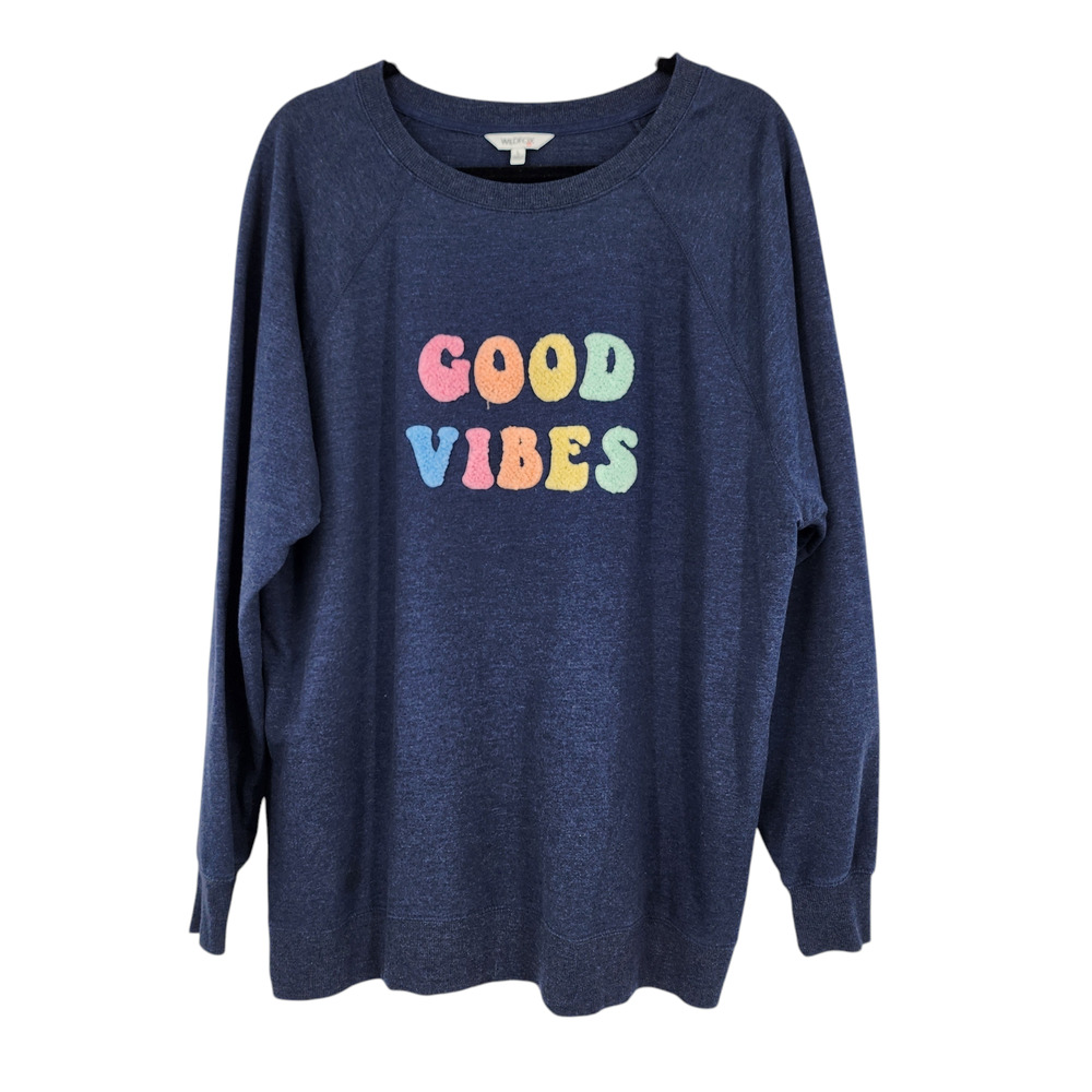 Wildfox Blue Good Vibes Sweater Oversized Pullover Groovy Retro Size XL